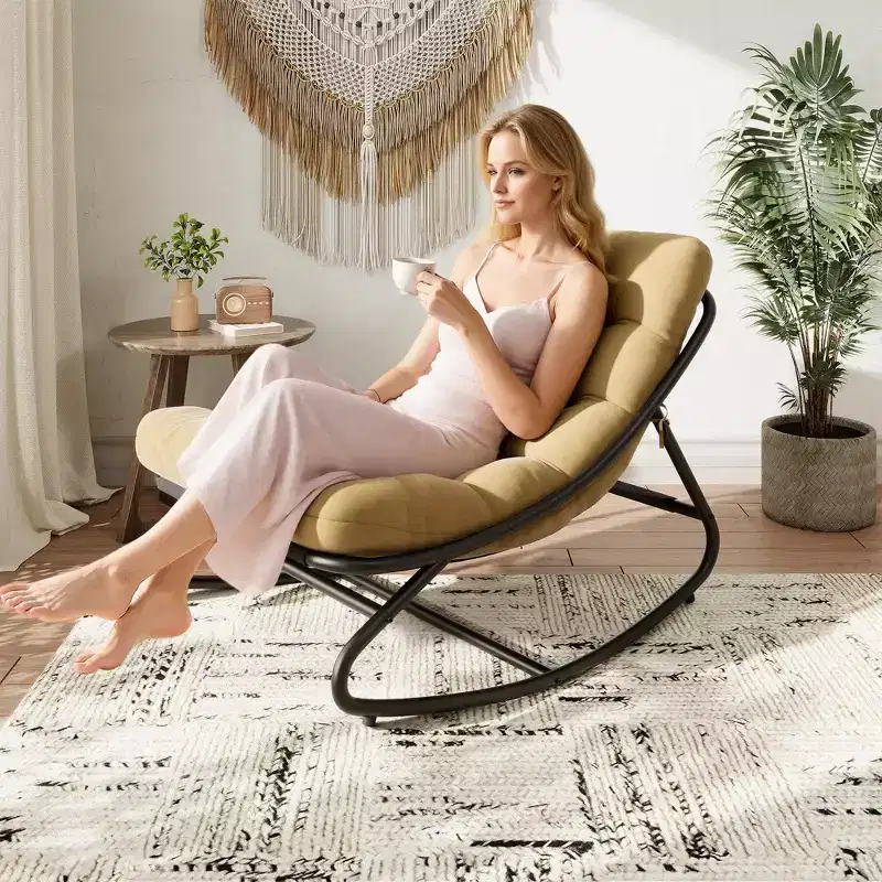 Tan Oversized Papasan Rocking Chair C 450lb Capacity E-Coated Iron Egg Recliner with Cushion for Indoor/Outdoor Lounge (Living Room/Patio/Garden)