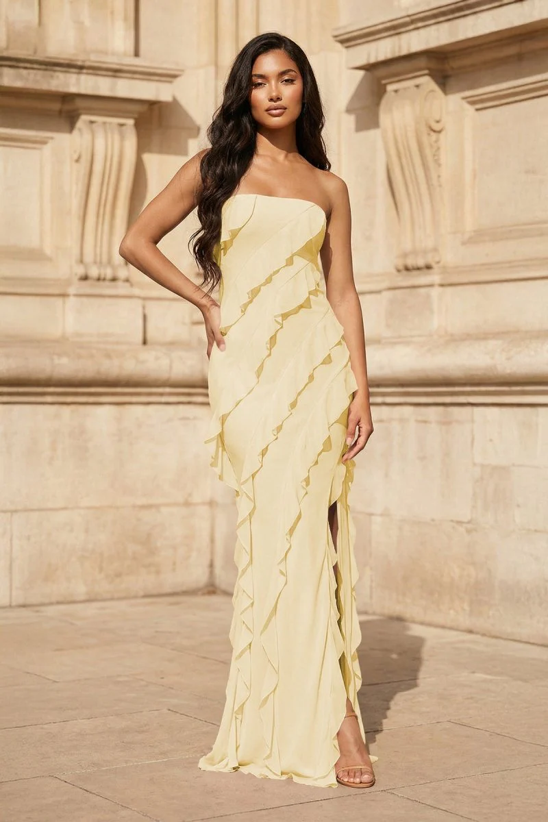 Pink - Sheath Strapless Chiffon Long Prom Dresses With Ruffles