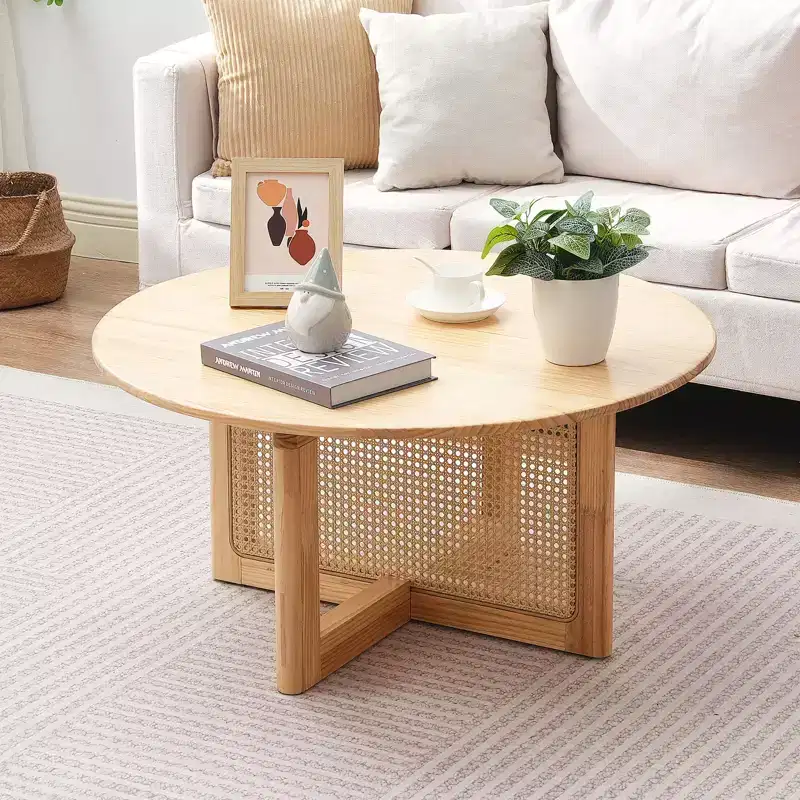 VEVOR Rattan Coffee Table, Round Rattan Woven Wood Coffee Table with Rubber Wood Top, 33 in Modern Boho Circular Storage Coffee Table