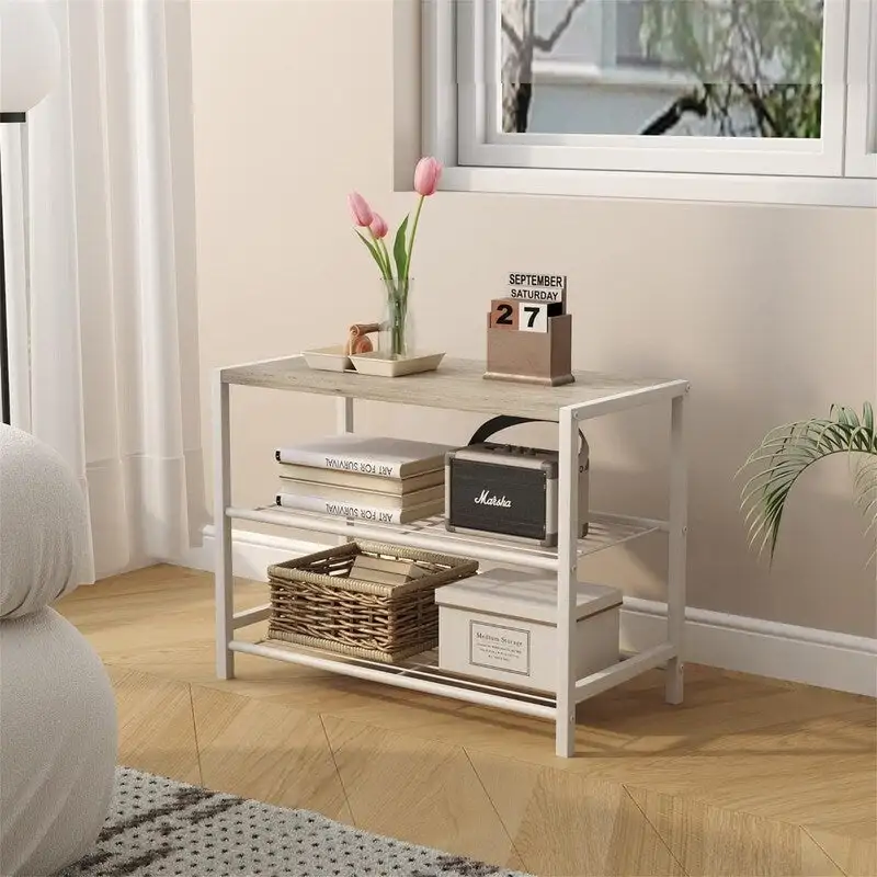 3-Tier Shoe Rack, Wood Accent, Flat Top Surface, White Oak, 1-Person Use