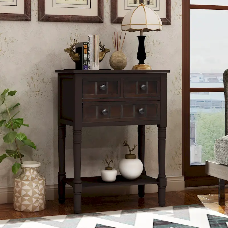 Narrow Console Table with 3 Drawers and Shelf - Distressed Finish