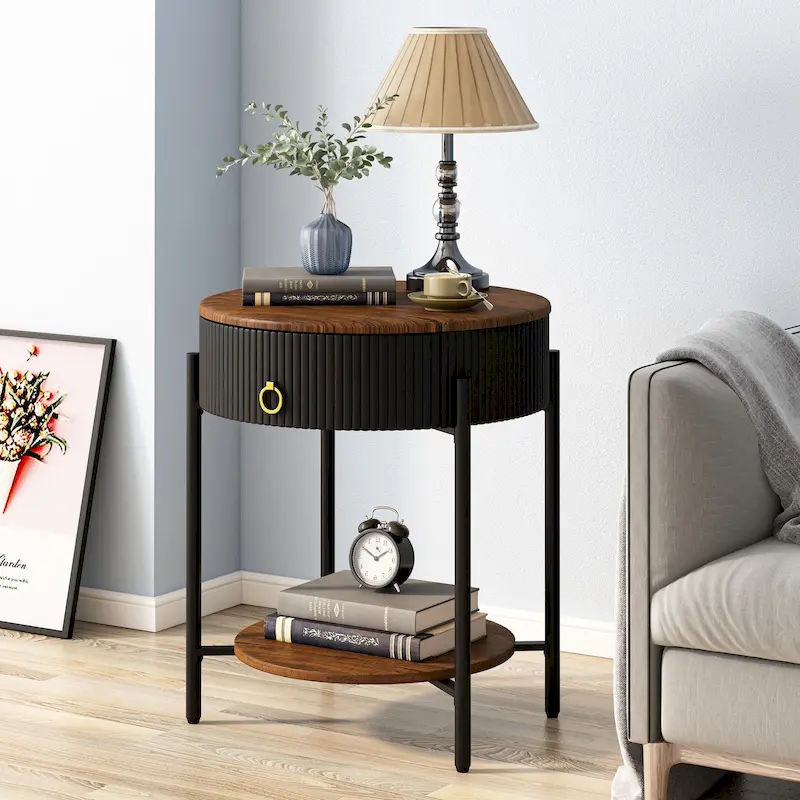Myhozm Modern End Table with Storage Drawer, Round Nightstand with Metal Legs for Living Room, Bedroom, Office