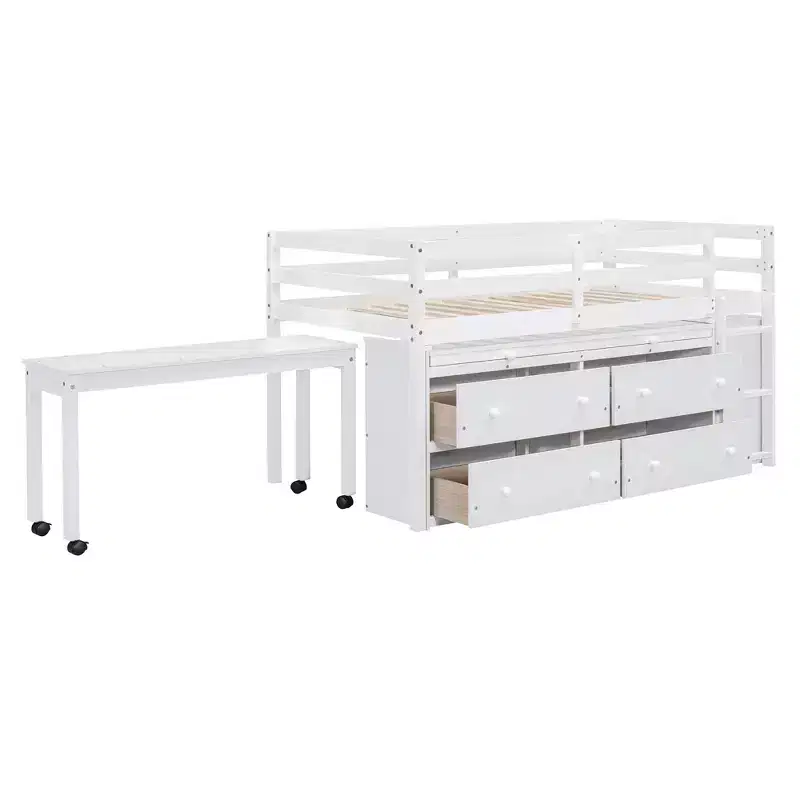 Luxystar Low Loft Bed with Desk, 4 Drawers and Bookcase