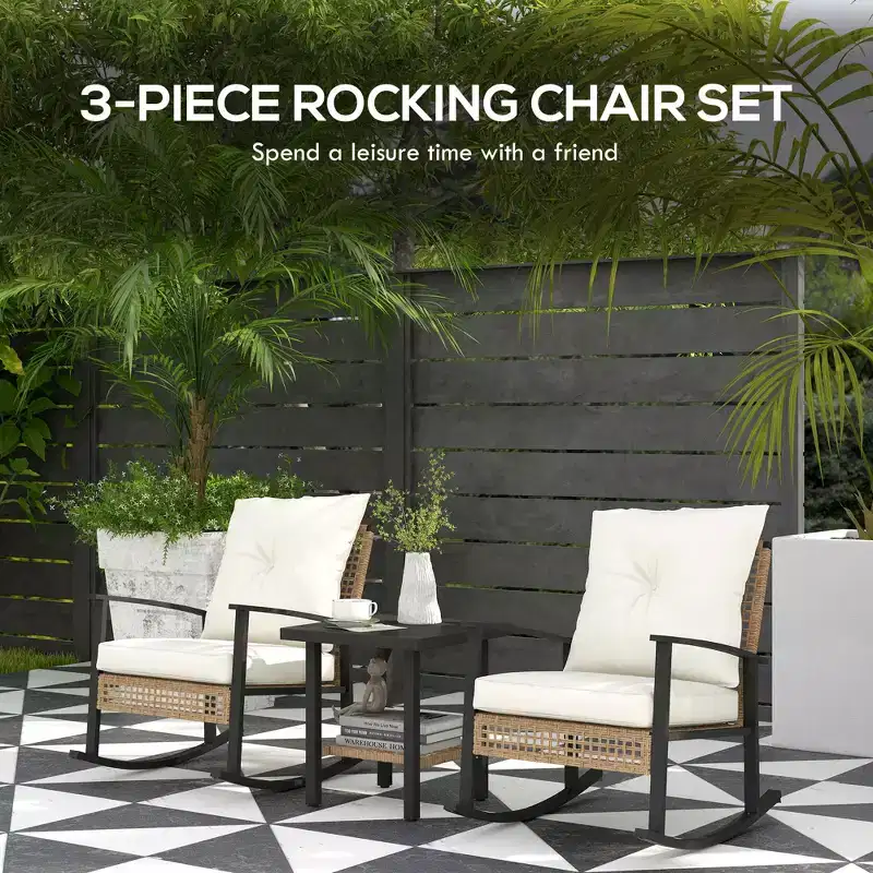 3 Pieces Bistro Set, Patio Wicker Furniture Set with Button Tufted Cushions, Rattan Rocking Chairs Table
