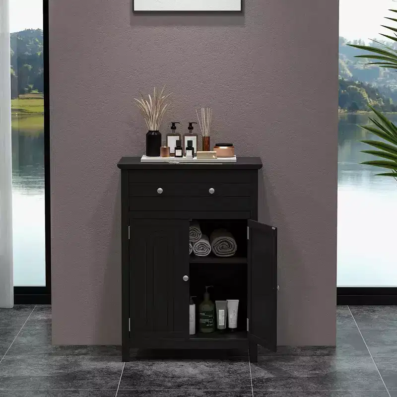 Costway Bathroom Floor Cabinet Wooden Storage Organizer with Drawer & Doors Blcak