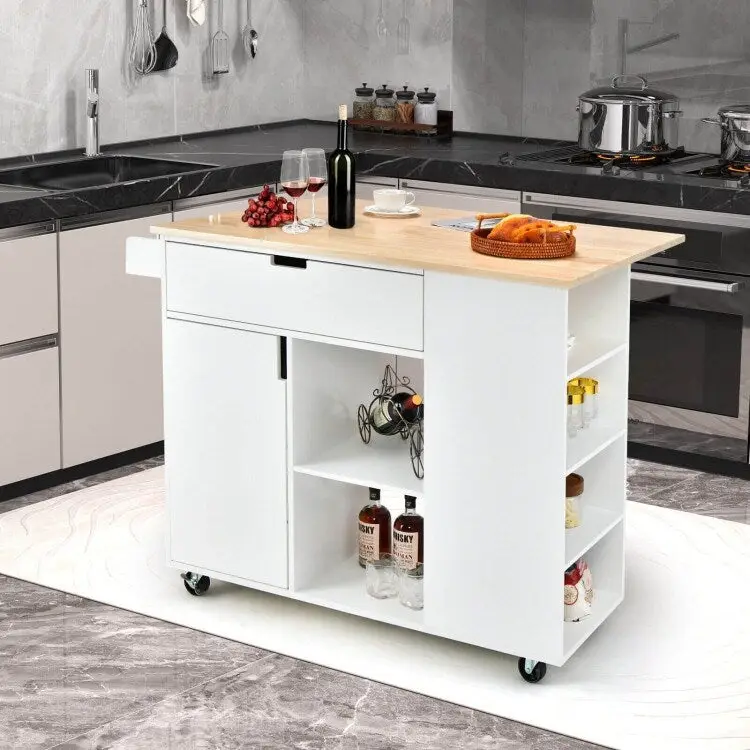 Drop-Leaf Kitchen Island with Rubber Wood Top - 49 x 30 x 36(L x W x H)