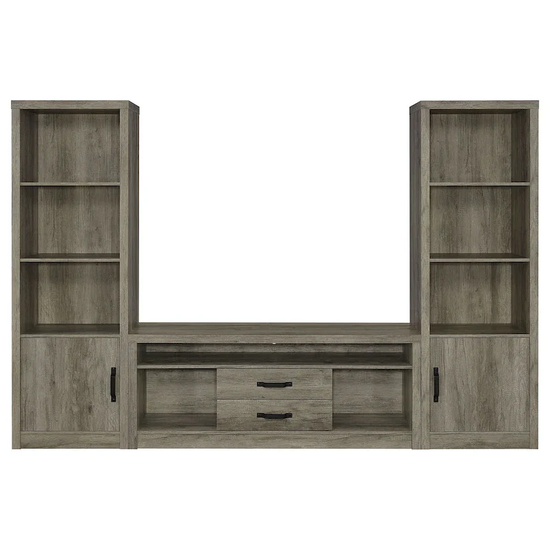Gray & Black TV Stand with 2 Media Towers, 8 Compartments, Seats up to 55