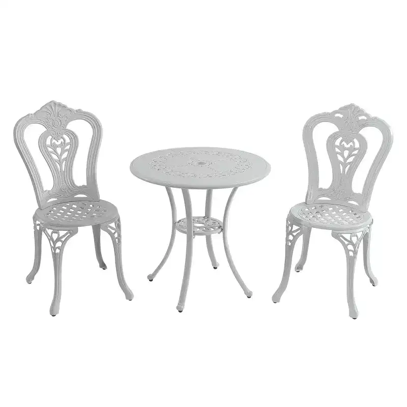 CLIHOME 3-Piece Cast Aluminum Bistro with Umbrella Hole Table and Chairs Set