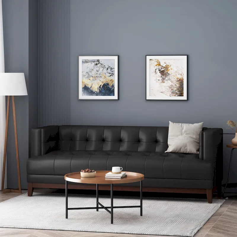 Espresso 3-Seat Mid-Century Sofa, Tufted Faux Leather, Seats 3