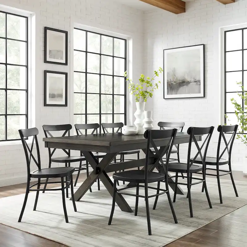 9-Piece Modern Farmhouse Extendable Dining Set with X-Back Steel Chairs