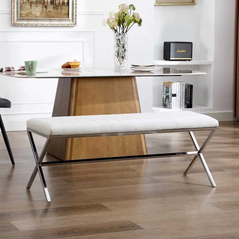 White / Yellowish Brown / Black Faux Leather Channel Tufted Dining Bench with X-Style Metal Legs - Fits 2 People