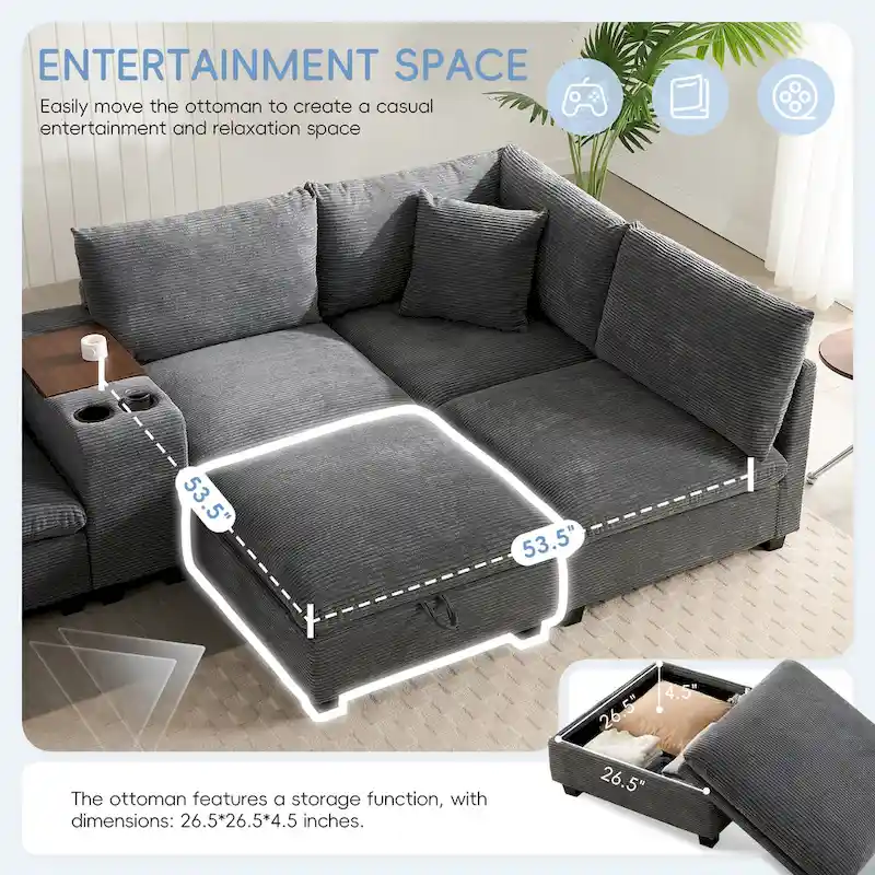 U Shaped Chenille Sofa w/Ottoman,Console,Cup Holder,Wide Seat,USB