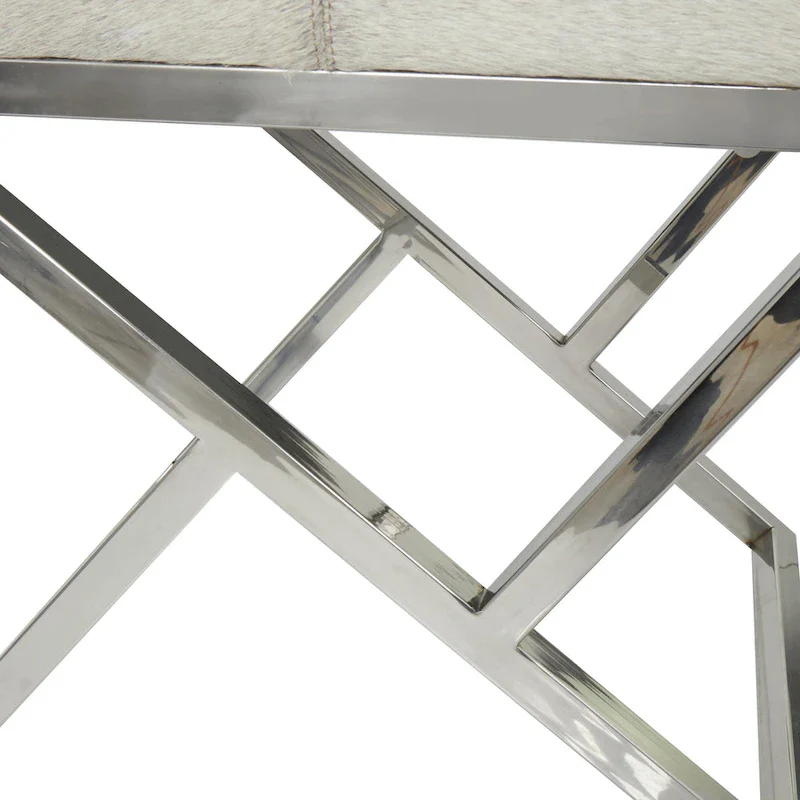 Leather Geometric Home Bench with Angled Silver Metal Base - Light Grey