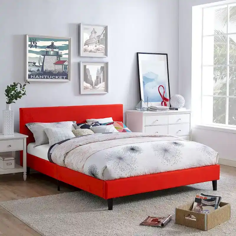 Queen Platform Bed with Padded Vinyl Headboard
