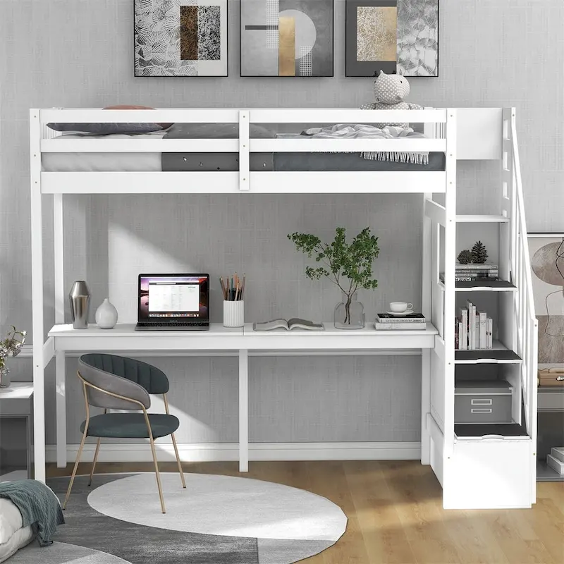 Merax Twin Size Loft Bed with Staircase and Built-in Desk