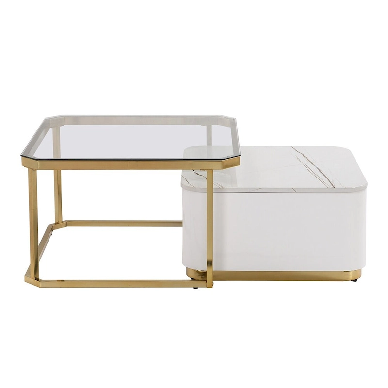 2 Pieces Nesting Coffee Table w/ Drawers & Electroplated Gold Legs