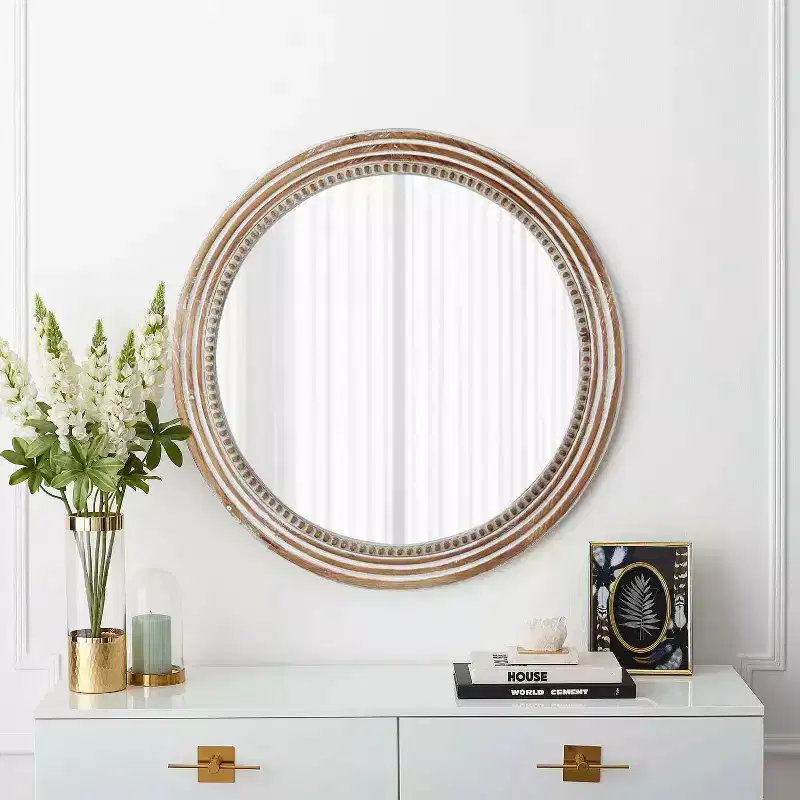 MAYEERTY 24 Round Wood Decorative Mirrors for Wall Decor, Rustic Circle Mirror with Beads for Bedroom Living Room Office