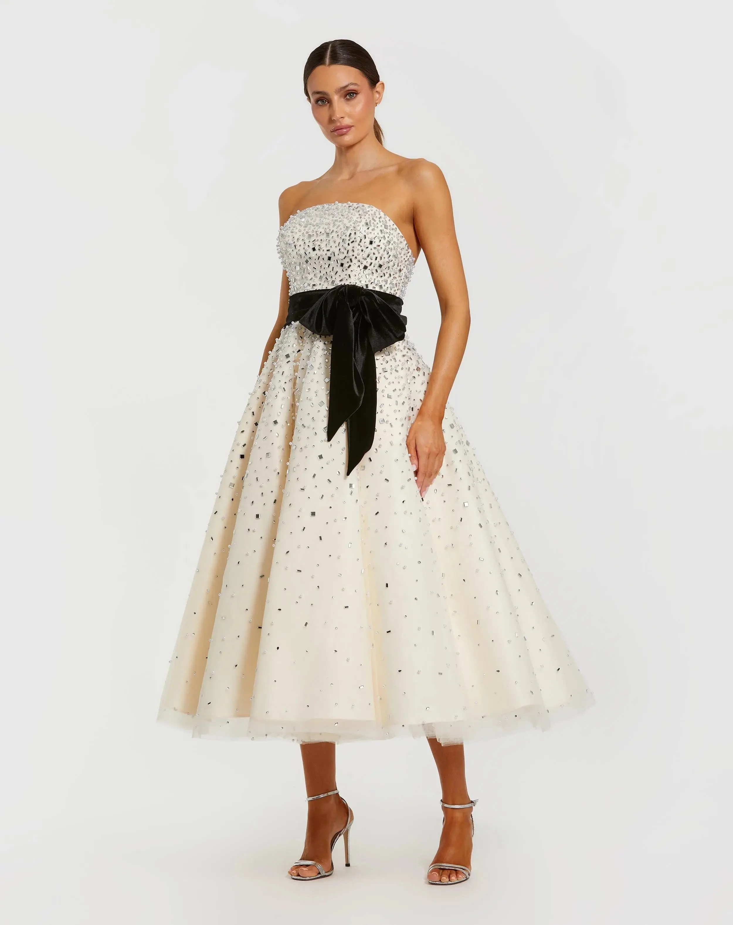 White Strapless Embellished Midi Dress with Velvet Bow