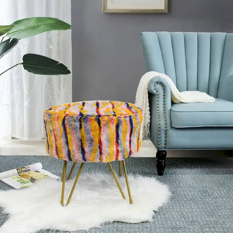 Home Soft Things Multi Jacquard Fauxfur Round Ottoman