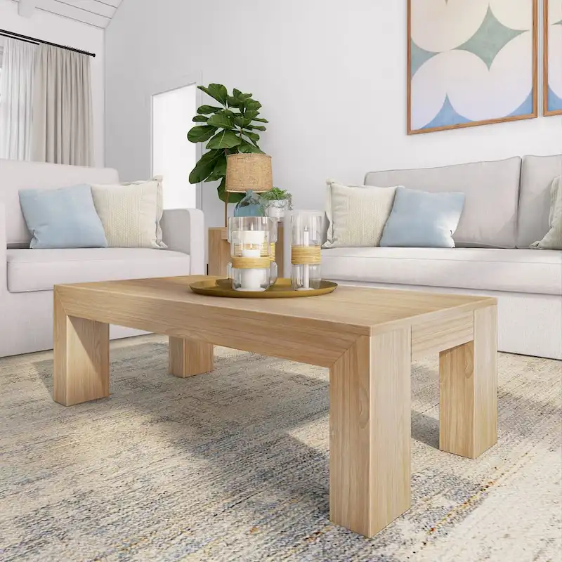 Modern Rectangular Coffee Table 48 x 24 - Solid Pine Wood, Wirebrush Finish, Non-Toxic, 15H
