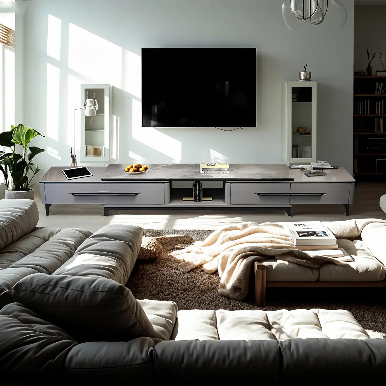 Grey Modern Marble Top Open Shelf TV Stand with Storage