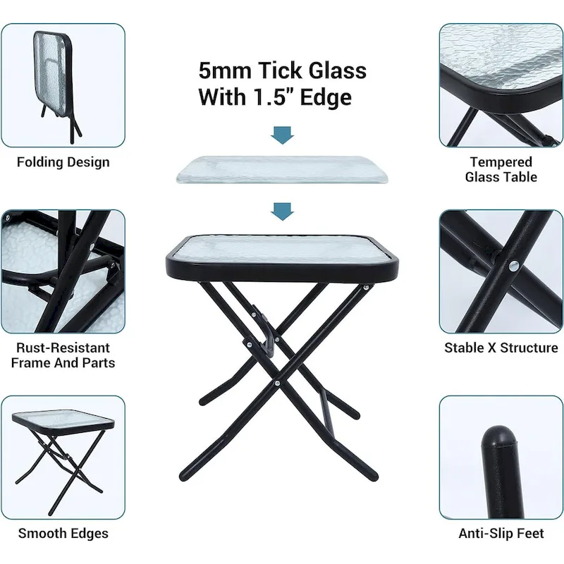 3-Piece Folding Patio Bistro Dining Set, Furniture Set with 2 Folding Reclining Chairs with Cushion and 1 Folding Glass Table