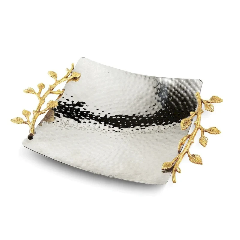 Curata Hammered Stainless Steel with Golden Vine Handles Square Tray