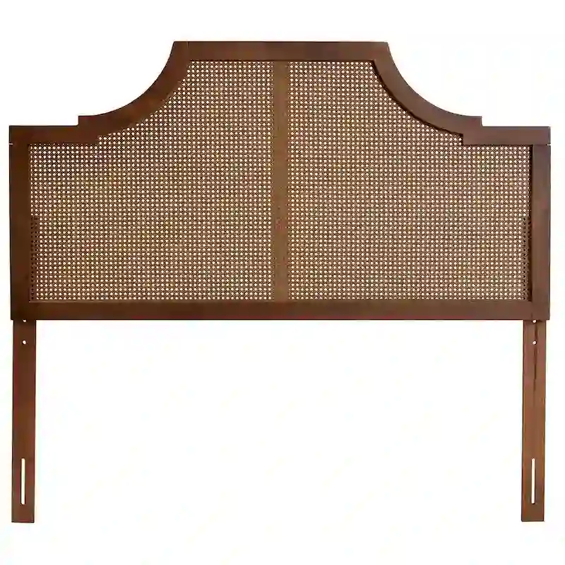 Risha Mid-Century Modern Ash Walnut Finished Wood and Rattan Headboard