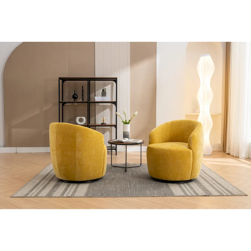 Yellow Chenille Modern 25.6 Swivel Barrel Chair with Metal Ring