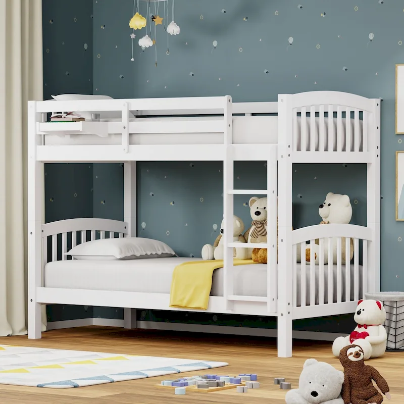 White / Grey / Espresso Solid Wood Twin over Twin Bunk Bed with Hanging Nightstand, Sleeps 2
