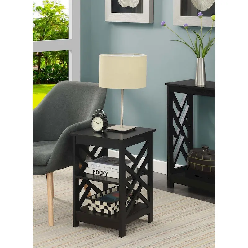 Transitional MDF End Table with 3-Tier Shelving, Geometric Panel Design, 15.75