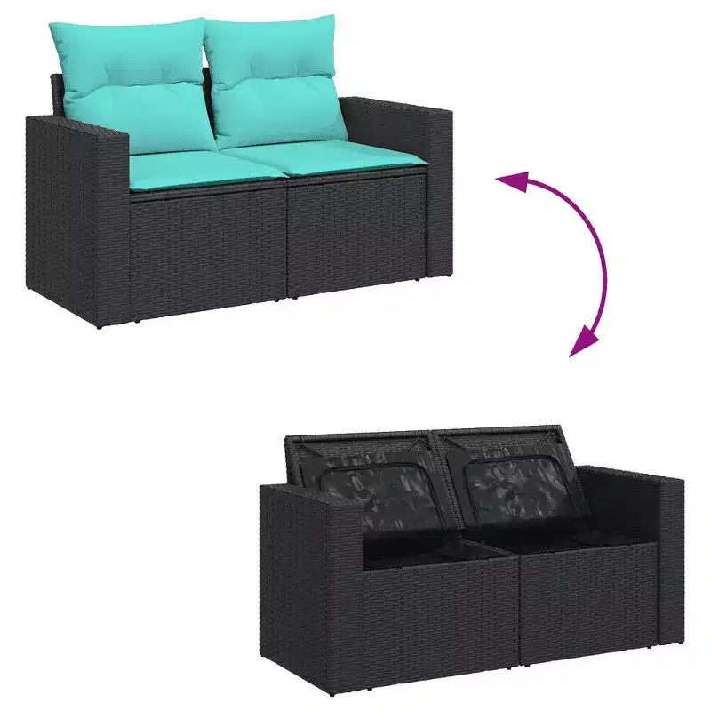 vidaXL 5 Piece Patio Sofa Set with Cushions Black Poly Rattan - Black and Blue Without Table