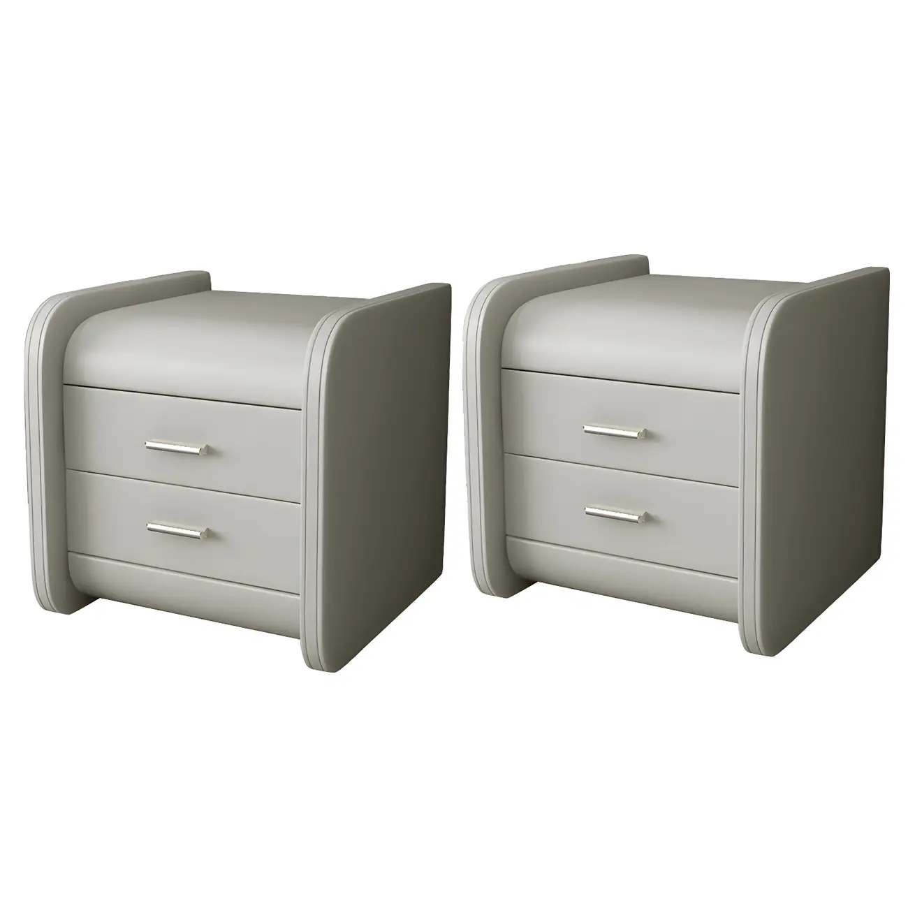 Modern Round Edge Nightstand with 2 Drawers in Beige Leather