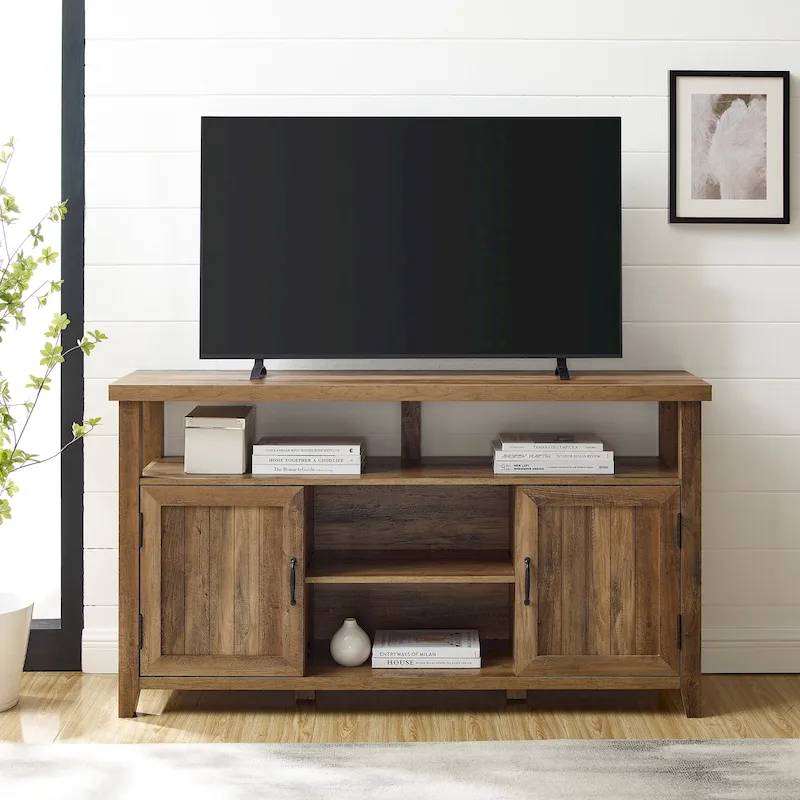 Rustic Oak / Dark Walnut / Grey Wash Highboy TV Stand with Grooved Doors and Adjustable Shelves – 58 in