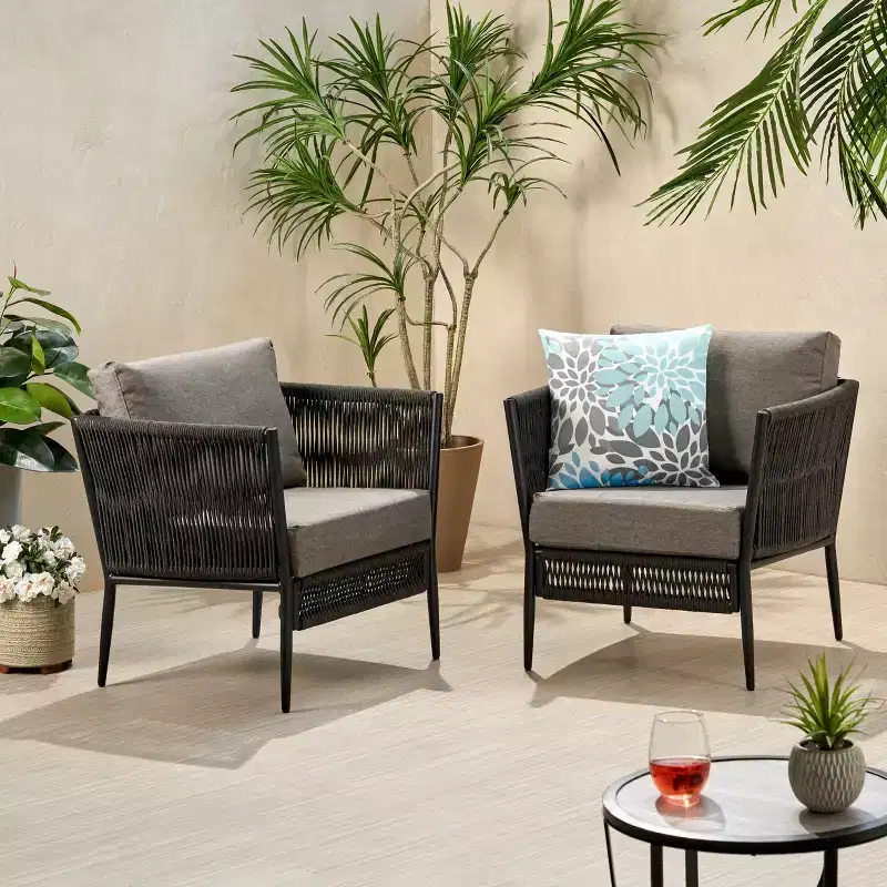 GDFStudio Sefora Outdoor Aluminum and Rope Club Chairs with Cushions (Set of 2), Black/Gray