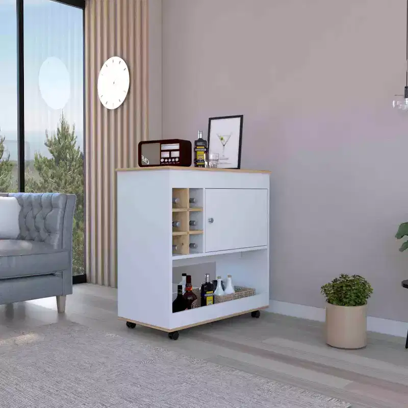 Okak Kitchen Island with Lower Panel and 6 Bottle Cubbies, Kitchen Cart with 1 Cabinet Door and Wheels, Rolling Kitchen Island for Dining Room, White