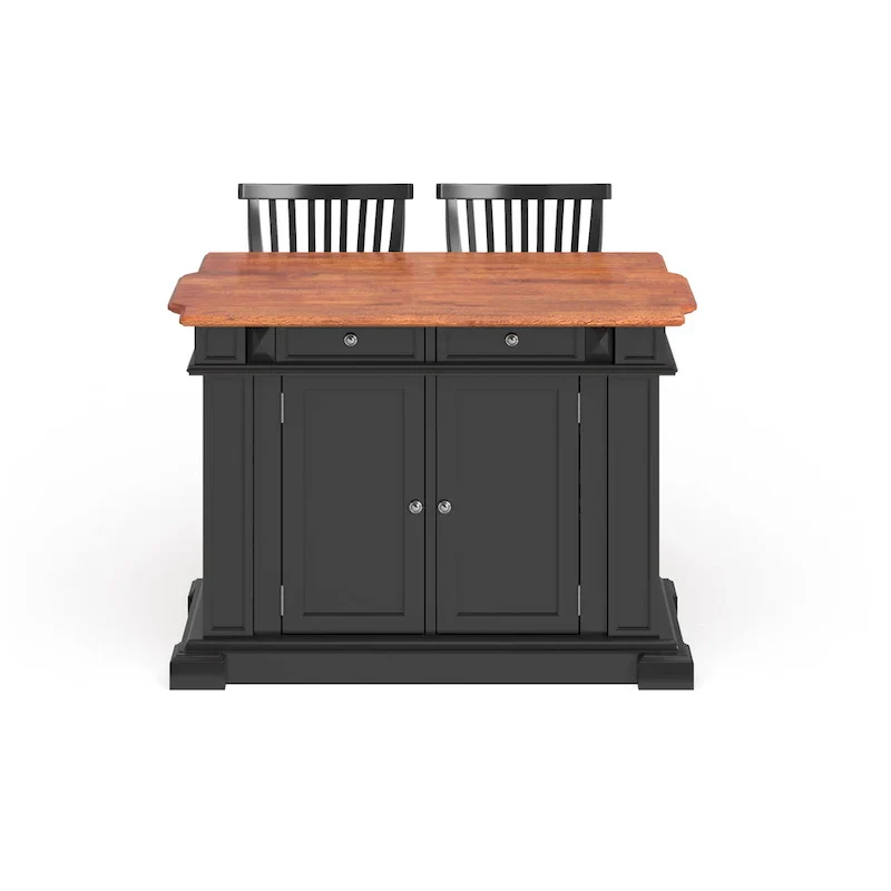 Black Kitchen Island Set with 2 Stools - Distressed Oak Top