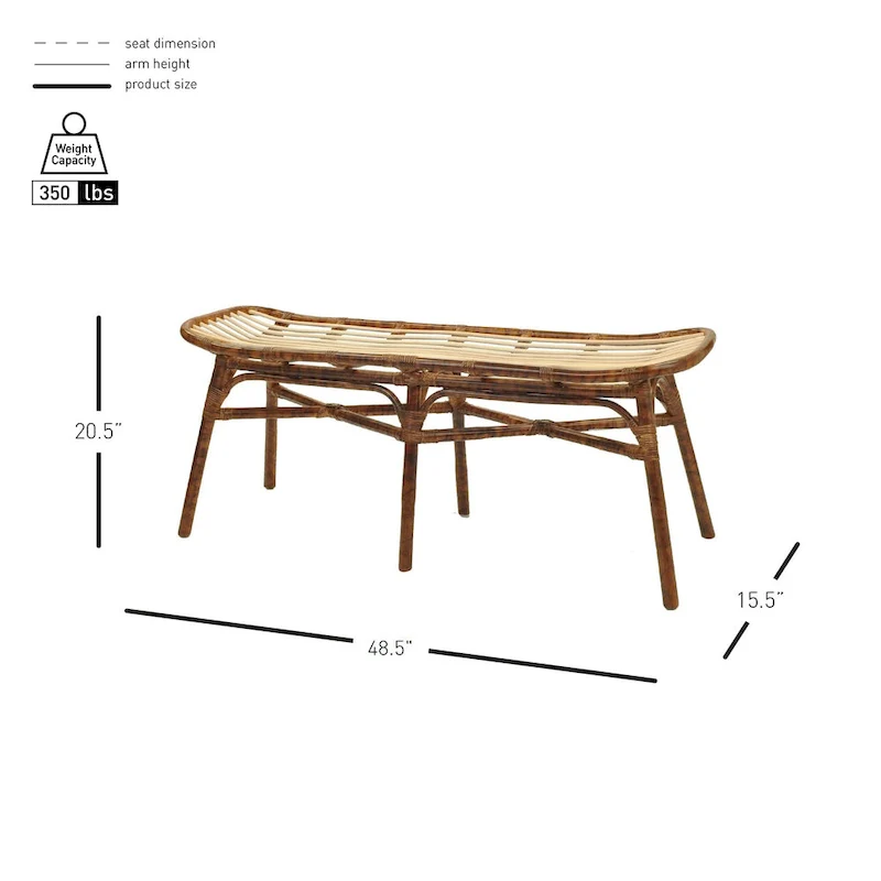 Rattan Bench – Marble Brown, Bamboo Legs, Single Seat