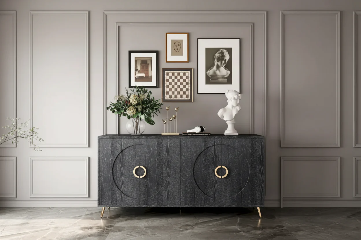 Champagne/Distressed Black MDF 4-Door Sideboard Buffet with Adjustable Shelves & Metal Legs