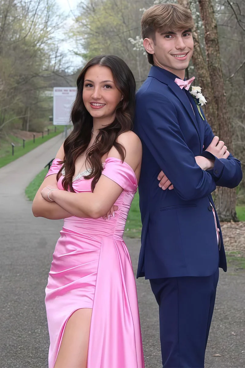 Pink Mermaid Off The Shoulder Satin Beaded Long Prom Dresses With Slit