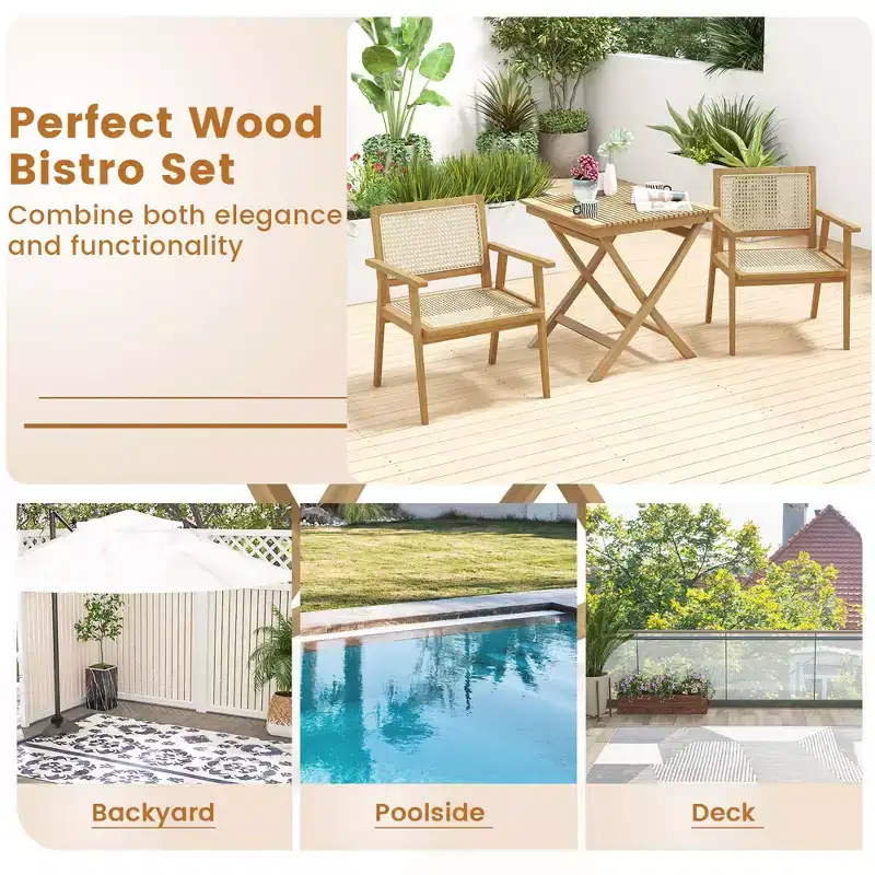 Costway 3 Pieces Patio Table Chair Set Wood Bistro Set with Natural Rattan Seat & Indonesia Teak Wood Frame