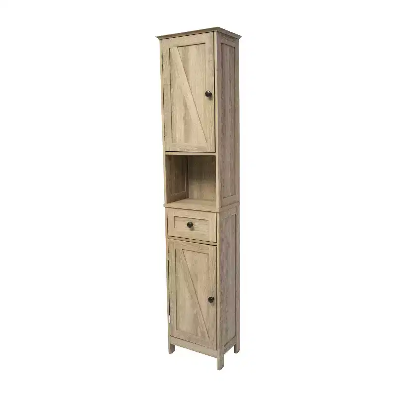 Emma and Oliver Narrow Freestanding Linen Tower Organizer with Dual Cabinets, Fixed and Adjustable Shelves, Magnetic Closure Doors and Storage Drawer