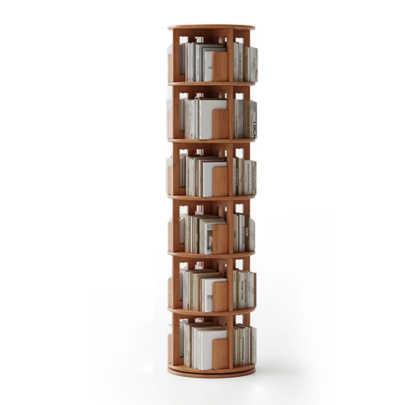 Cylindrical Movable 360° Rotating Wooden Bookshelf with Drawer