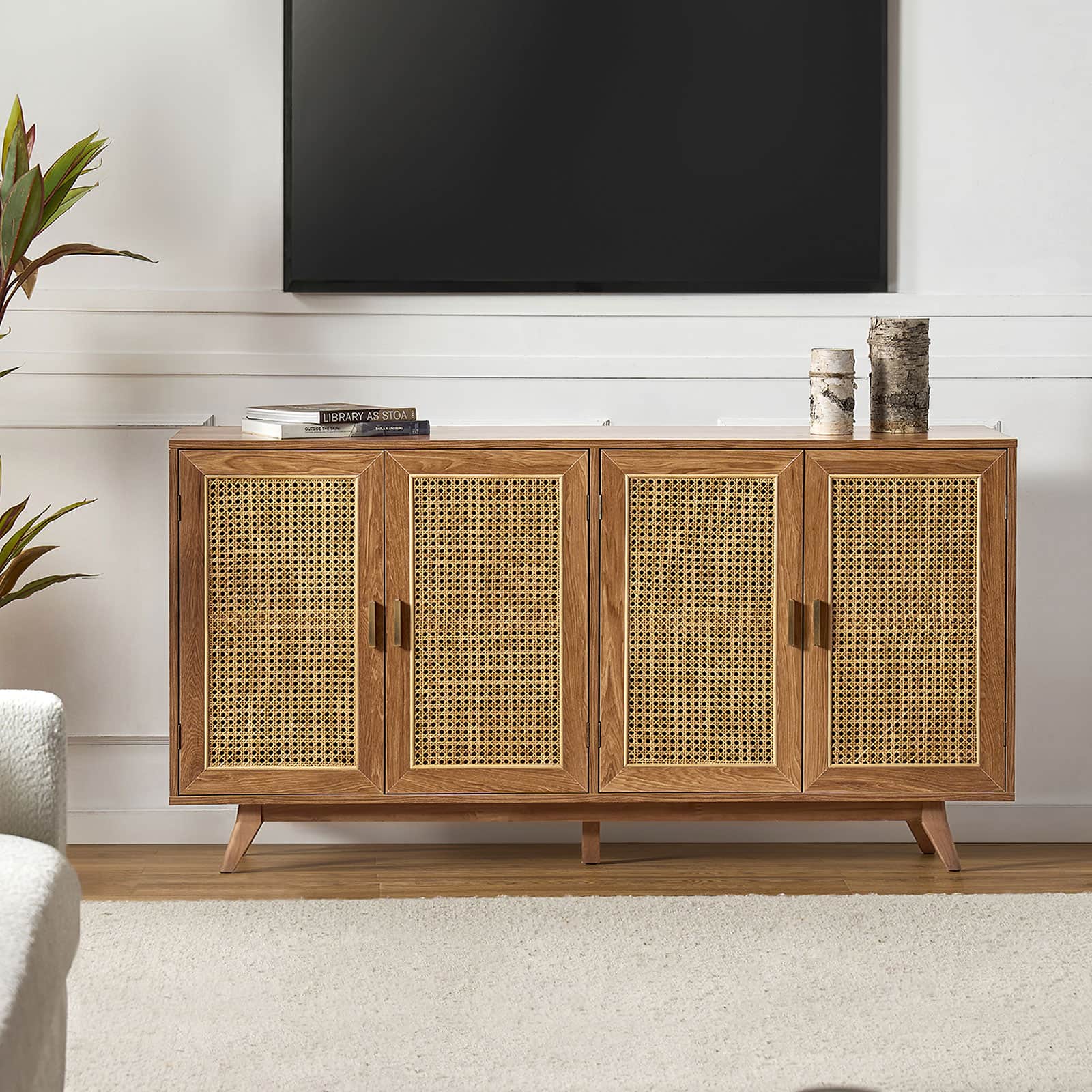 65 in TV Stand with 4 Rattan-Door Cabinets, 2 Interior Shelves & Solid Wood Legs | Walnut / Black / Acorn | Single