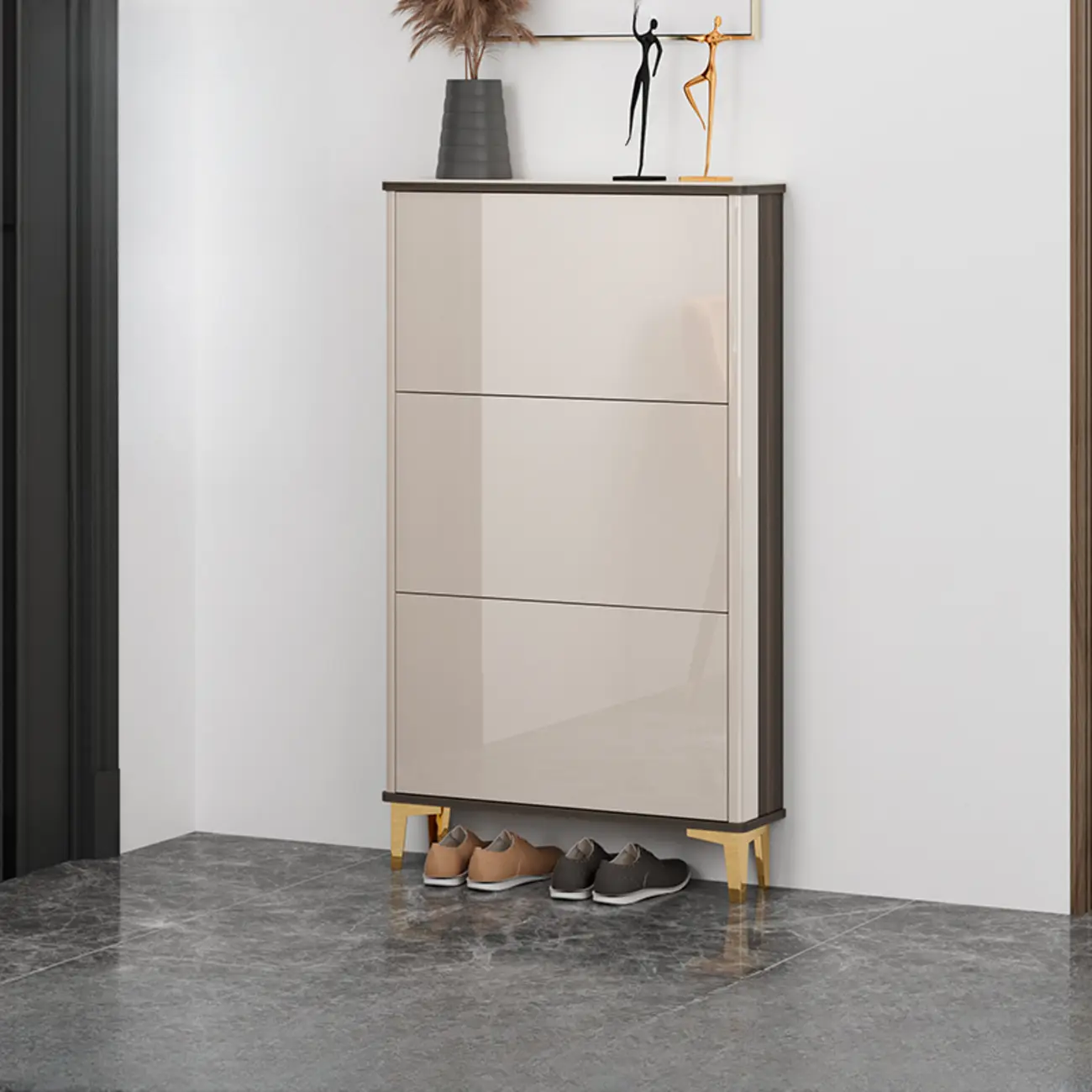 Glossy Shoe Cabinet with Sliding Doors for Entryway