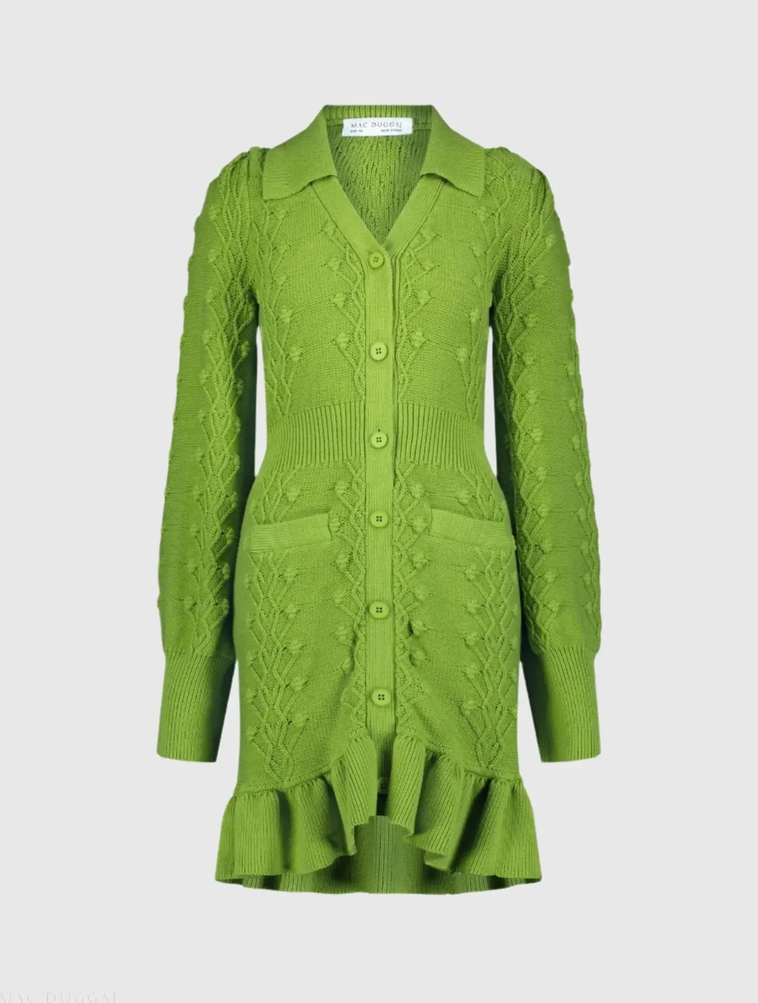 Green Long Sleeve Button Up Collared Bobble Knit Sweater Dress