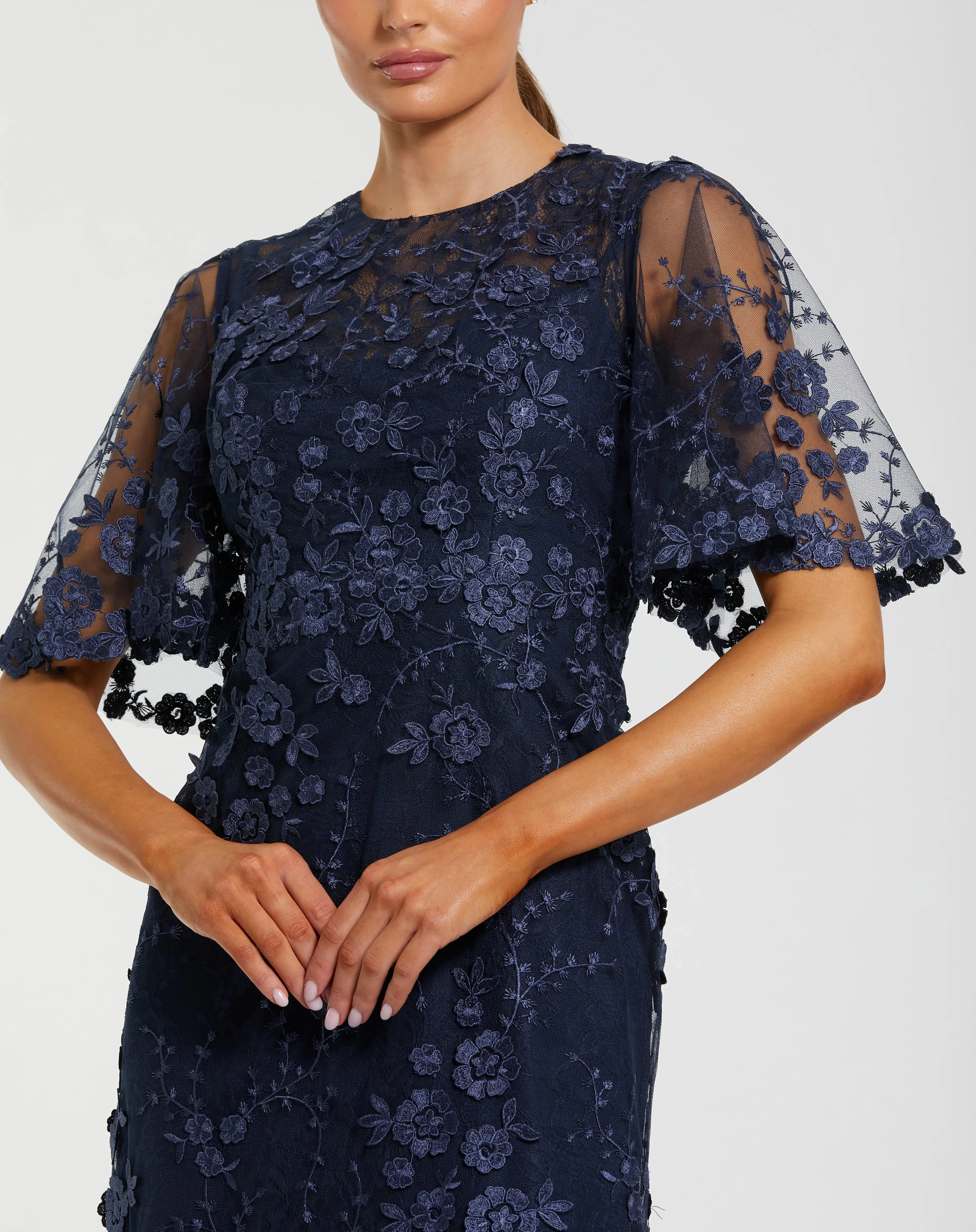 Navy Flutter Sleeve Floral Embroidered Net Gown