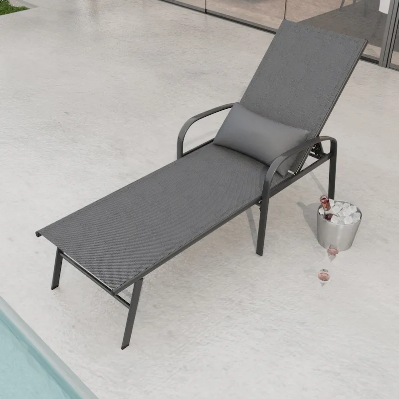 Outdoor Patio Swimming Pool Lounge Gray Color with Pillow, Sturdy and Durable Structure