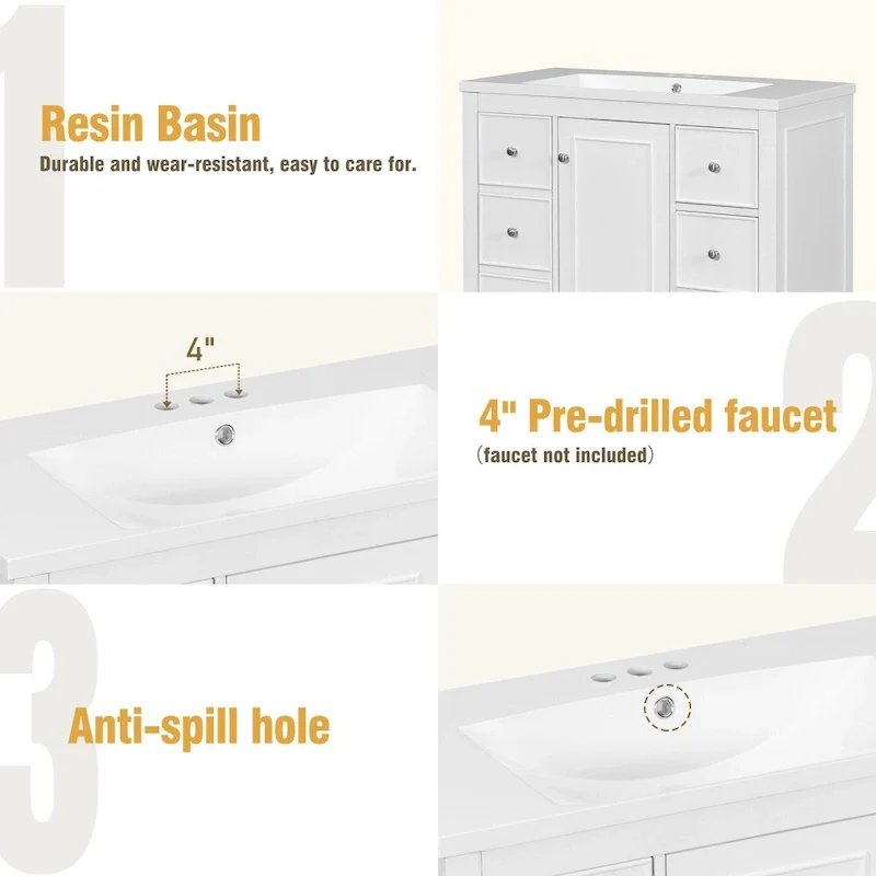 36 Inch Bathroom Vanity Cabinet with Resin Sink and Adjustable Shelves