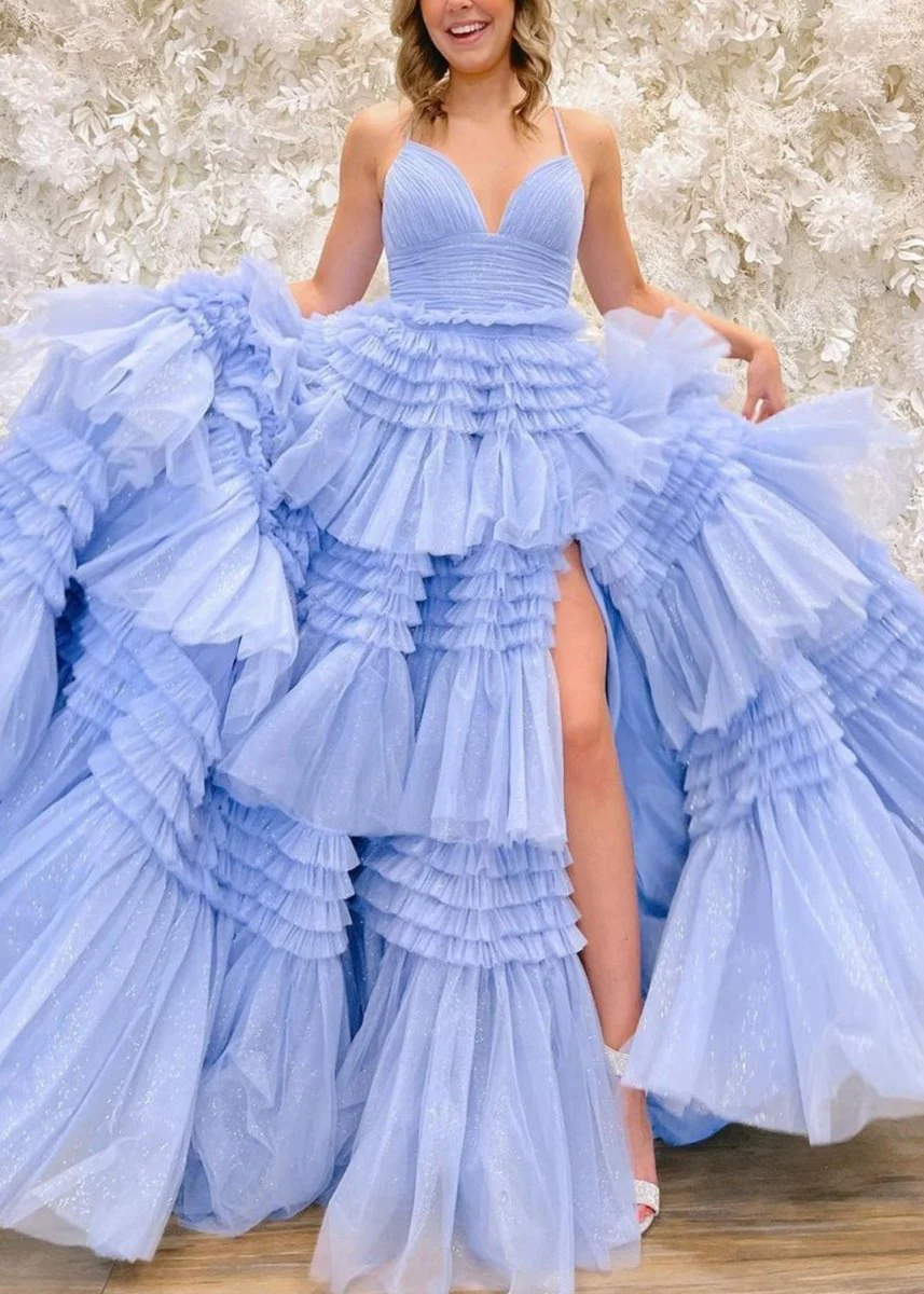 Tulle Deep V Neck Spaghetti Straps Long Prom Dress